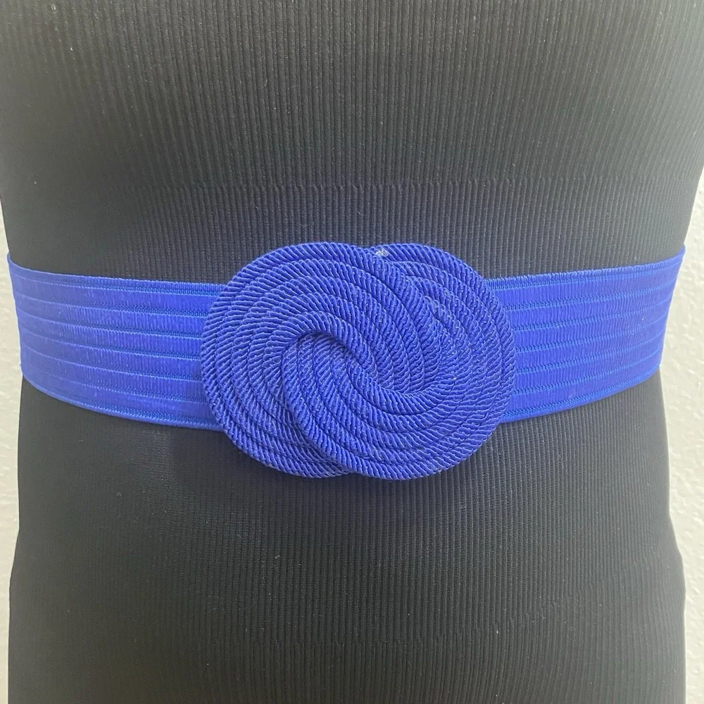 VTG 80s Statement Belt Royal Blue Wide Elastic Band Closure Buckle Braided 27